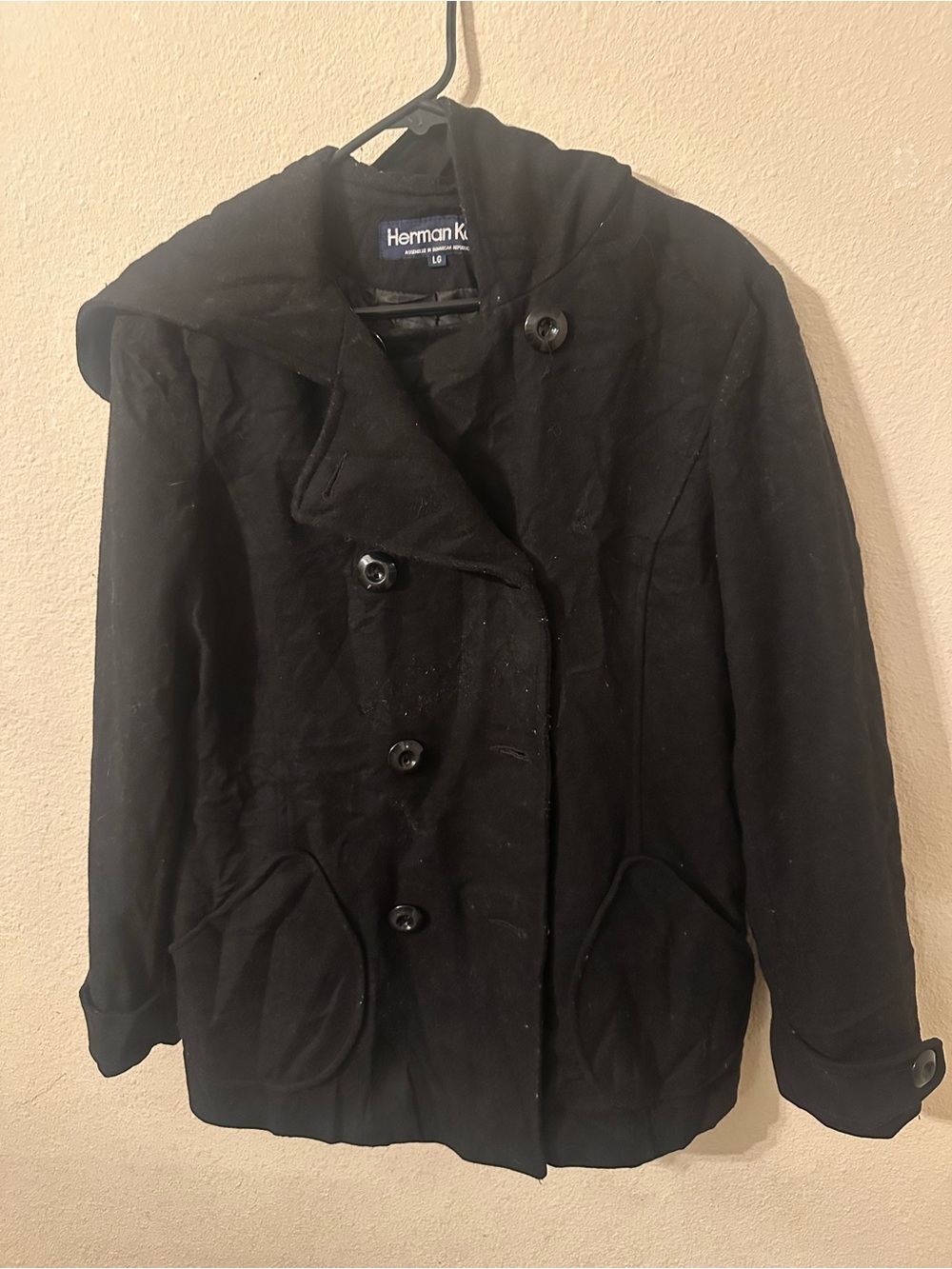 Herman Kay Vintage 100% Wool Pea Coat with Curved Flap Pockets